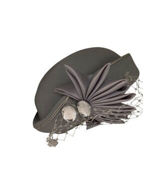 Vintage Anita Pineault Gray Felt Hat With Satin Bow Netting & Rhinestone Accents